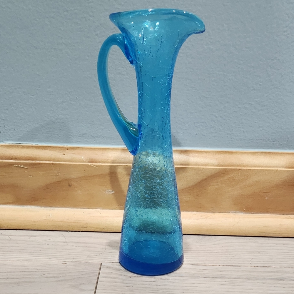 Blue Crackle Glass PItcher with Handle (NWOT)